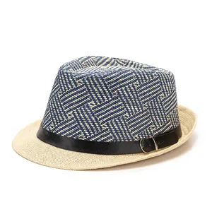 Herren Strohhut Fedora mit blauem Karomuster, Flechtoptik und schwarzem Lederband