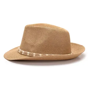 Detail of the woven texture and burlap style band on a khaki straw fedora hat
