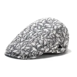 Retro black and white abstract pattern ivy cap with adjustable side metal buckle