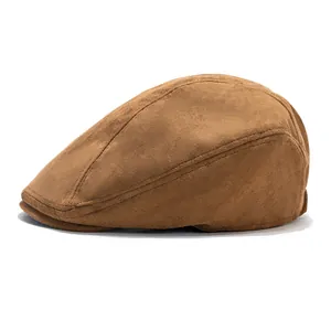 Béret rétro en daim marron avec détails de coutures apparentes de haute qualité