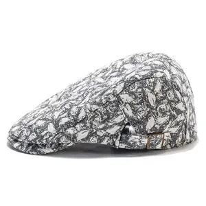 Retro grey floral flat cap with adjustable bronze buckle for men and women