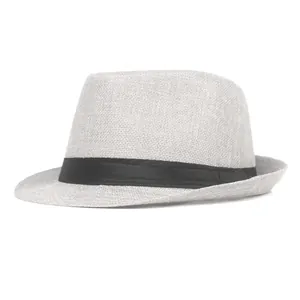 Chapeau fedora classique en lin pour homme et femme avec ruban noir et texture tissée