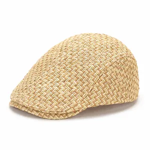 Béret Plat Vintage en Paille Tissée pour Hommes Femmes Respirant Protection Solaire Imprimé Léopard Camouflage Lettre Chapeau de Soleil