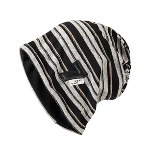 Gorro Beanie Slouchy a Rayas para Mujer Moda Coreana de Punto Poliéster Algodón Transpirable Ligero Skull Cap Streetwear
