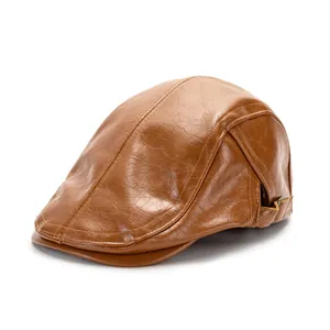 Retro PU Leder Schirmmütze Für Damen Herren Verstellbare Metallschnalle Britische Newsboy Mütze Einfarbig Mode Streetwear Malermütze