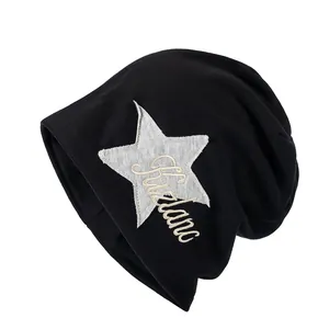 Black slouchy beanie with gray star patch and embroidery in American college style