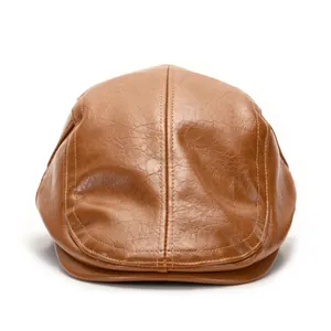 Klassische braune Schiebermütze aus PU-Leder im Vintage-Stil für Damen und Herren mit Naht