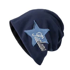 Navy blue knitted beanie featuring a light blue star patch and white HiZlanc embroidery