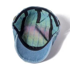 Béret en denim rétro japonais avec doublure en coton multicolore et étiquette 100% coton