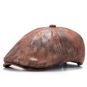 Vintage brown metallic coated baker boy cap with paneled crown and short brim design