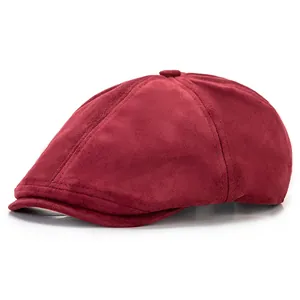 Classic British style burgundy faux suede beret hat for women with a vintage aesthetic