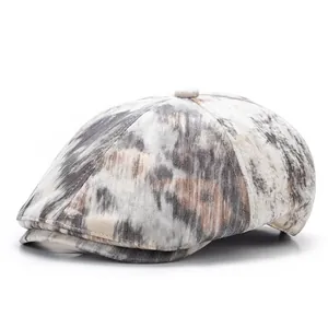 Vintage camouflage flat top beret hat in grey and brown suede for women's street style