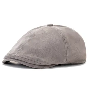 Classic British style grey faux suede beret hat for women featuring multi-panel construction