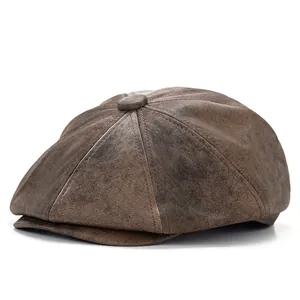 Vintage dark brown distressed newsboy cap with classic eight-panel design for men and women
