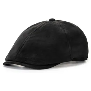 Vintage black faux suede newsboy hat for women with a classic multi-panel stitch design