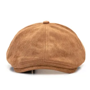 Vintage brown faux suede newsboy cap for women in classic British style with 8-panel crown