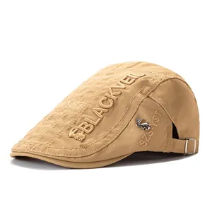 Men British Vintage Cotton Flat Cap With Letter Embroidery And Metal Rabbit Badge Adjustable Newsboy Beret Hat Casual Outdoor Sunshade Cap