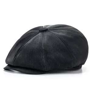 Vintage black octagonal newsboy cap for men and women with retro matte leather texture