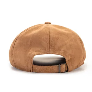 Detail of camel suede beret back view showing adjustable metal buckle strap