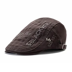 Men's dark brown retro flat cap with rabbit badge and stylish side embroidery details