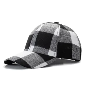 Classic black and white buffalo plaid baseball cap with thick textured fabric for winter