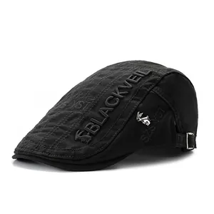 Vintage black flat cap for men with 3D embossed text and silver rabbit emblem detail