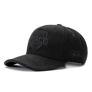 Men's wool baseball cap with vintage shield embroidery and side wing patch in black