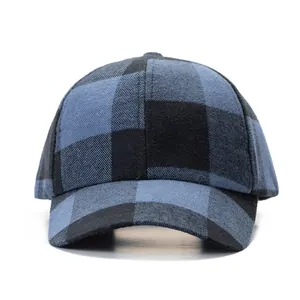 Classic blue and black plaid wool baseball cap with a standard six-panel design for winter