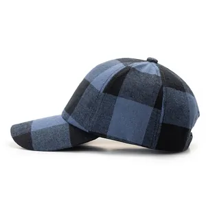 Classic blue and black buffalo plaid wool baseball cap with six-panel design and curved brim