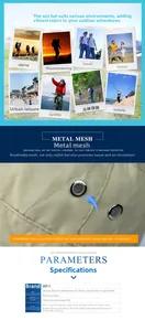 Size guide for outdoor sun hat showing adjustable circumference and breathable mesh eyelets