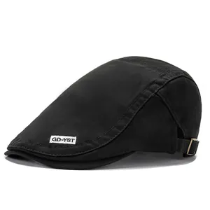Classic black cotton newsboy cap for men featuring side embroidery and adjustable buckle