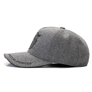 Detail of Special Forces embroidery on gray wool baseball cap with thick warm fabric