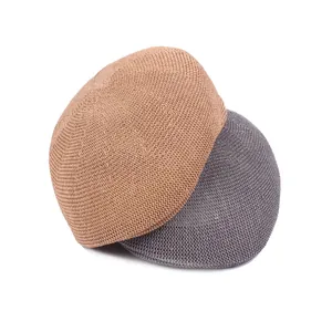 Breathable woven mesh beret hats in khaki and dark grey with fine knitting texture