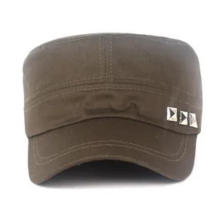 Flat top cotton army cap with rivets in olive brown finish for sun protection