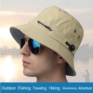 Khaki outdoor sun hat with wide brim, adjustable chin strap, and breathable side vents