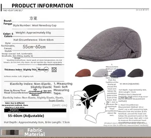 Detailed size chart and measurement guide for the wool flat cap with adjustable strap