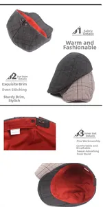 Detail view of cotton plaid beret with red fabric lining and premium metal snap buckle