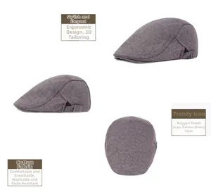 Three-view layout of a dark grey cotton flat cap with 3D cutting and adjustable metal buckle