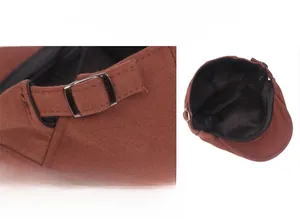 Detail of adjustable metal buckle on brown wool beret, fits head size 56-59cm