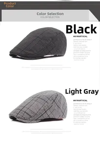 Detail view of cotton plaid berets in black and light grey for men and women