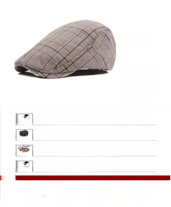 Close-up detail of classic coffee plaid cotton beret with vintage british style pattern