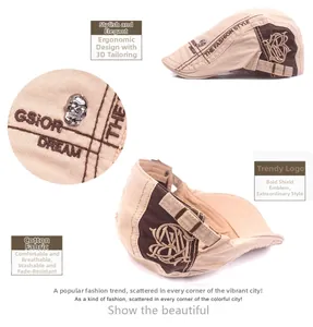 Close-up of cotton beret featuring skull metal buckle and contrast stitching detail
