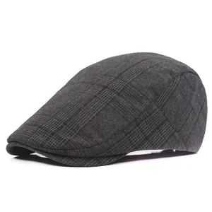 Classic dark grey plaid cotton ivy cap with vintage tweed texture for men and women