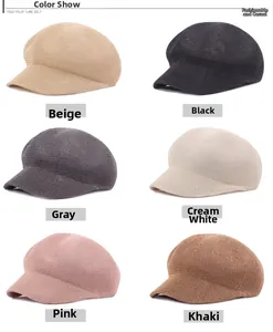 Mesh newsboy caps display in beige, black, grey, cream, pink, and khaki colors