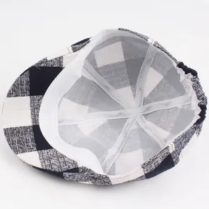 Men's summer plaid cotton flat cap with breathable lining and elastic band closure