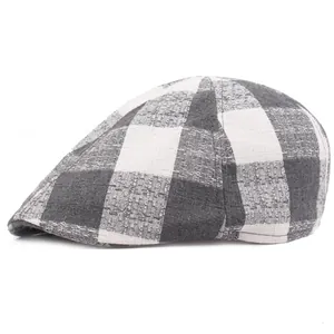 Vintage Checkered Cotton Beret Flat Cap For Men Women Breathable Sunshade Summer Newsboy Hat Casual British Style Plaid Cap