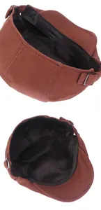 Detailed back view of wool newsboy hat featuring metal adjustment buckle and lining