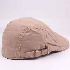 Classic khaki flat cap with adjustable metal side buckle and reinforced cotton stitching