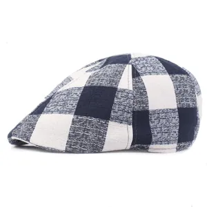 Breathable cotton linen plaid beret for men and women featuring a black and white pattern