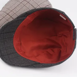 Grey plaid cotton flat cap for men with burgundy lining and inner wash label detail